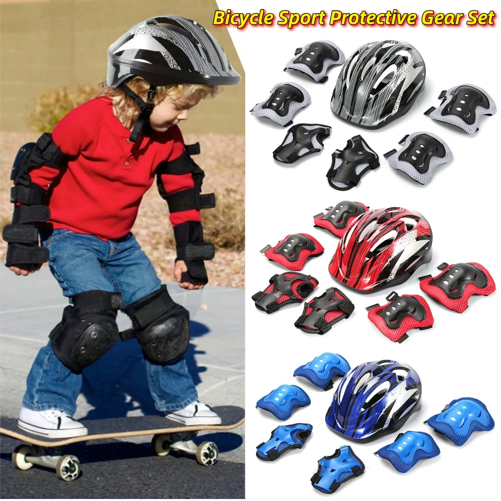 Cycling Protective Gear Kids - 7-teiliges Fahrrad-Sport-Schutzausrüstungsset, verstellbares Sicherheits-Skate-Helm- und Polster-Set